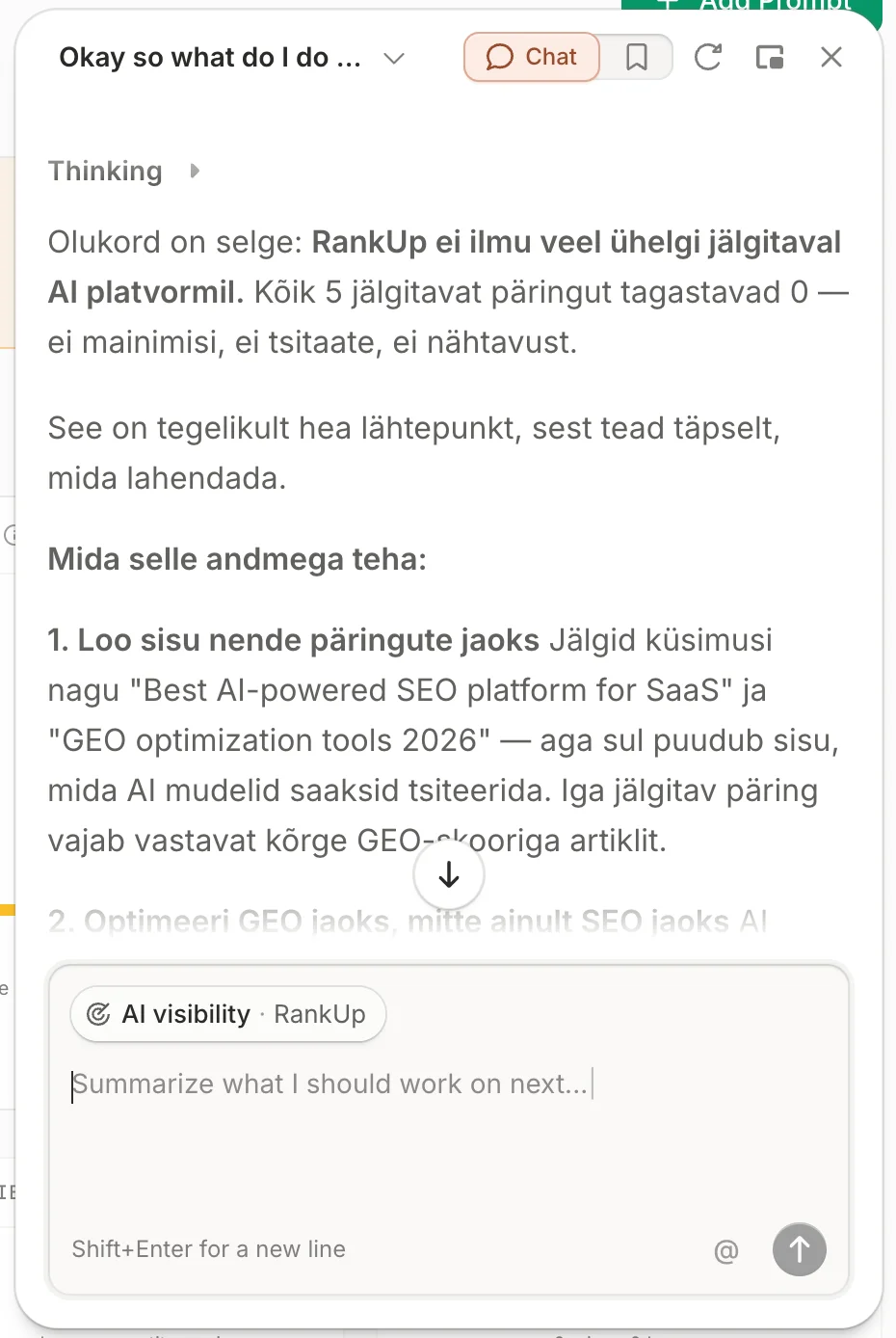 Frase AI assistant reporting zero citations and zero mentions for rankup.so across tracked AI platforms