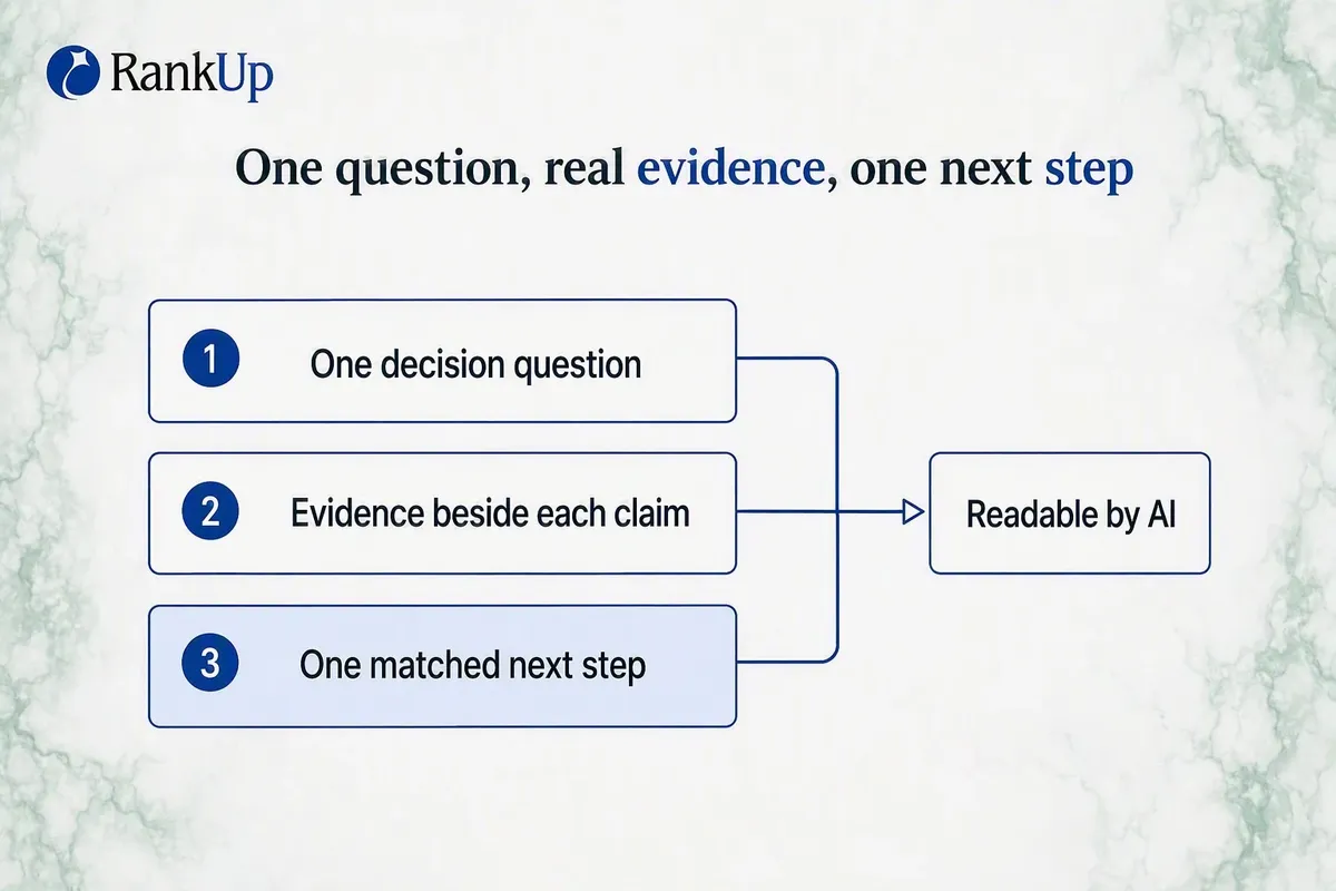 Anatomy of a BOFU page showing one decision question at the top, evidence beneath it, and a single next step matched to in...