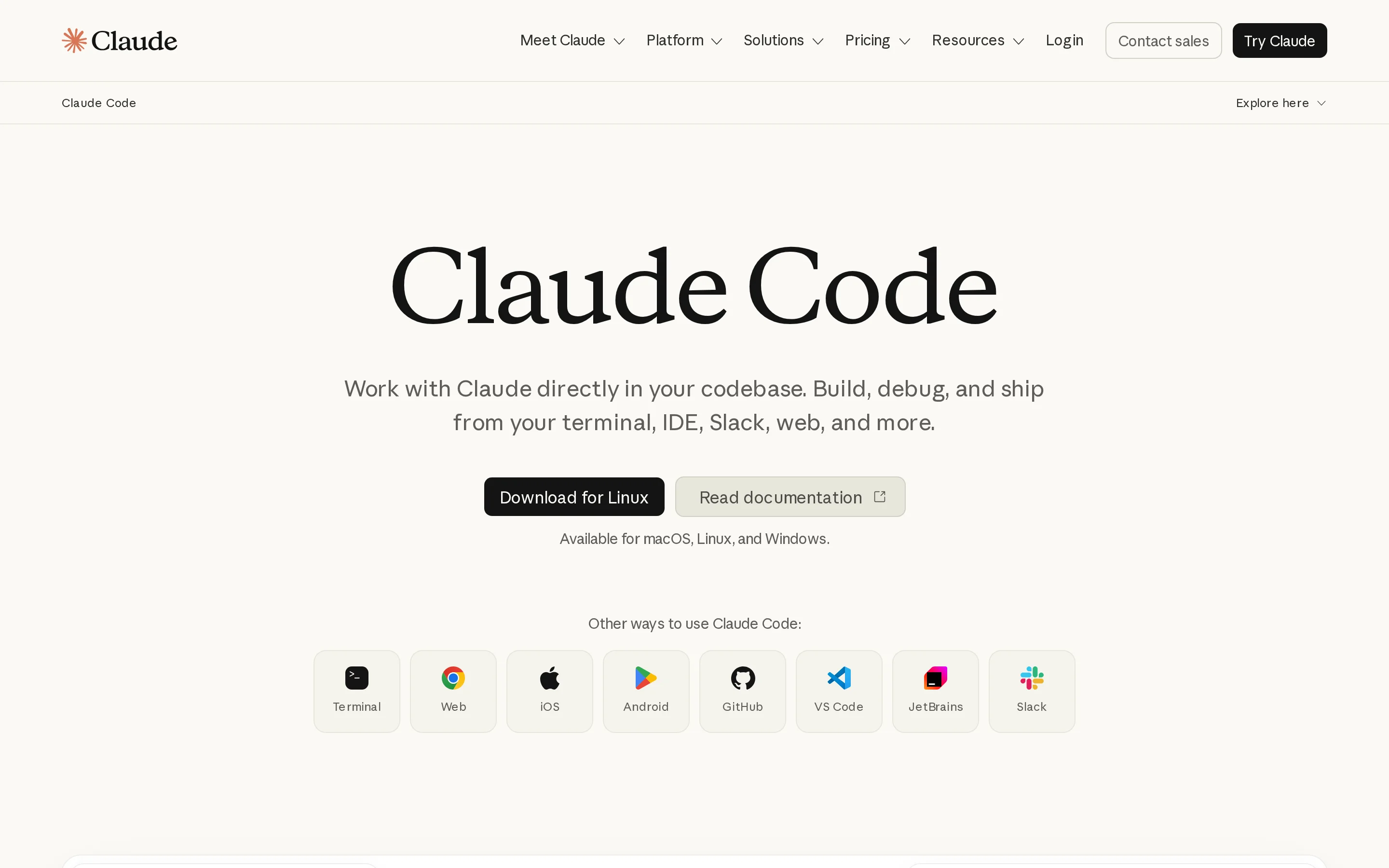 Claude Code product page showing Anthropic's terminal-based coding agent