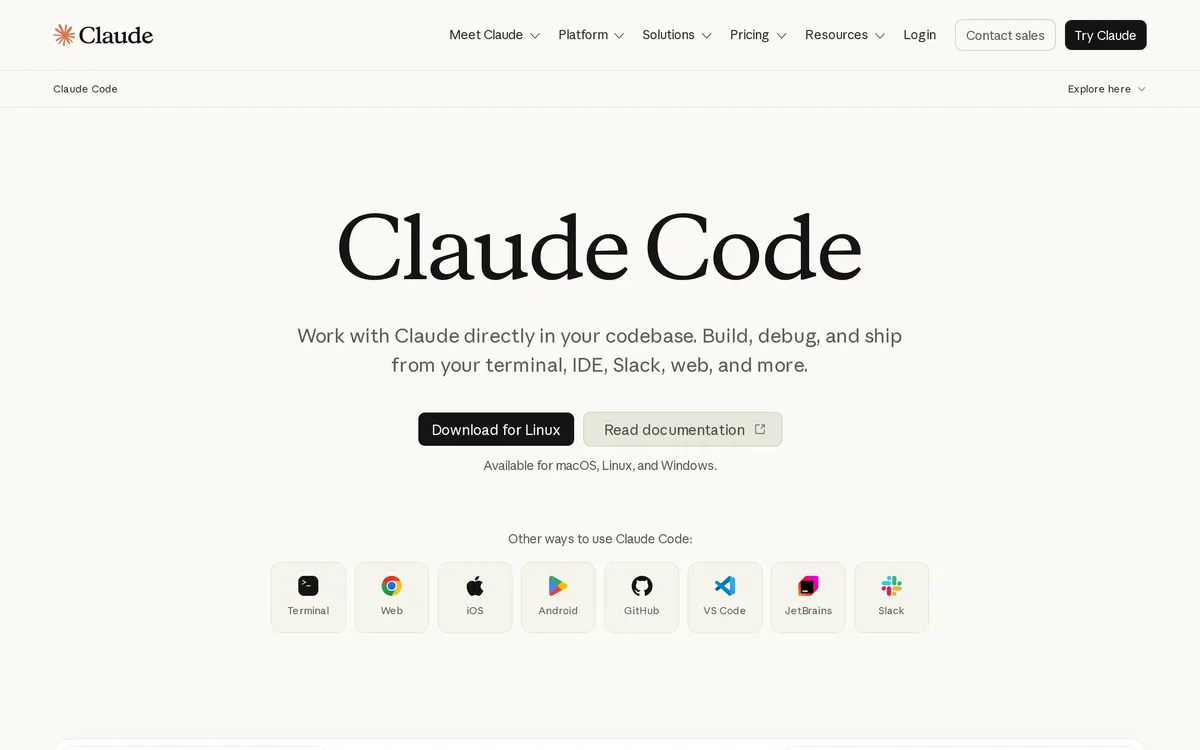Claude Code product page showing Anthropic's terminal-based coding agent