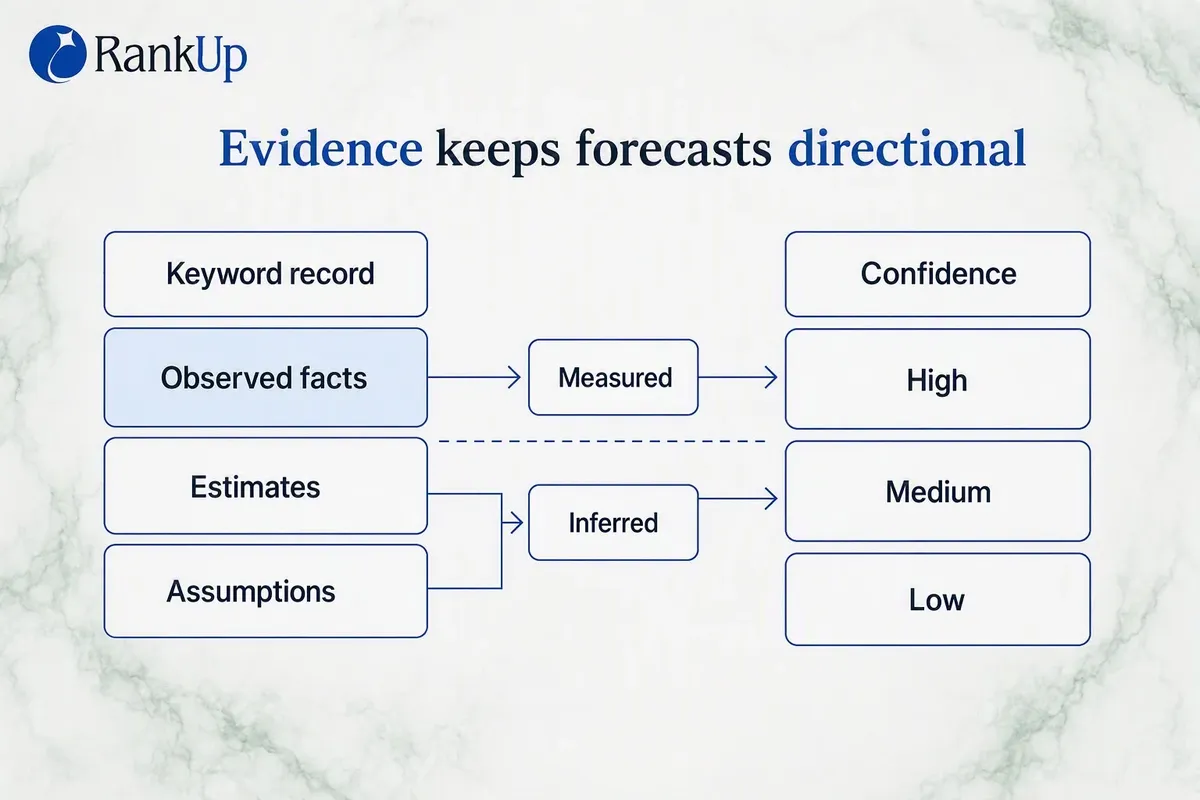 Diagram separating observed facts, estimates and assumptions in a keyword record, with a high, medium and low confidence l...
