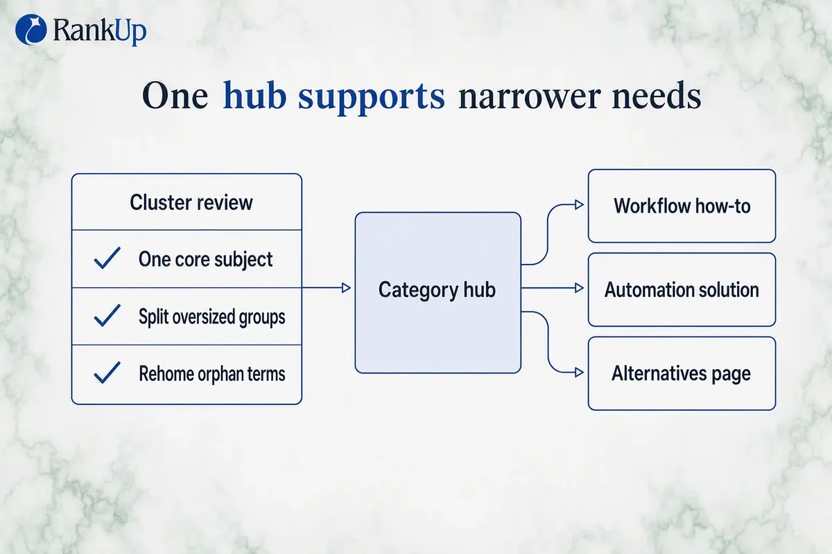Topic cluster hub and spoke: a category pillar page linked to workflow, automation and alternatives supporting pages