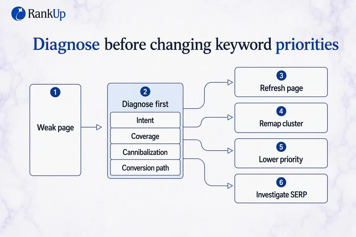 Diagnosis-first diagram fanning into four responses: refresh the page, remap the cluster, lower priority or investigate SE...