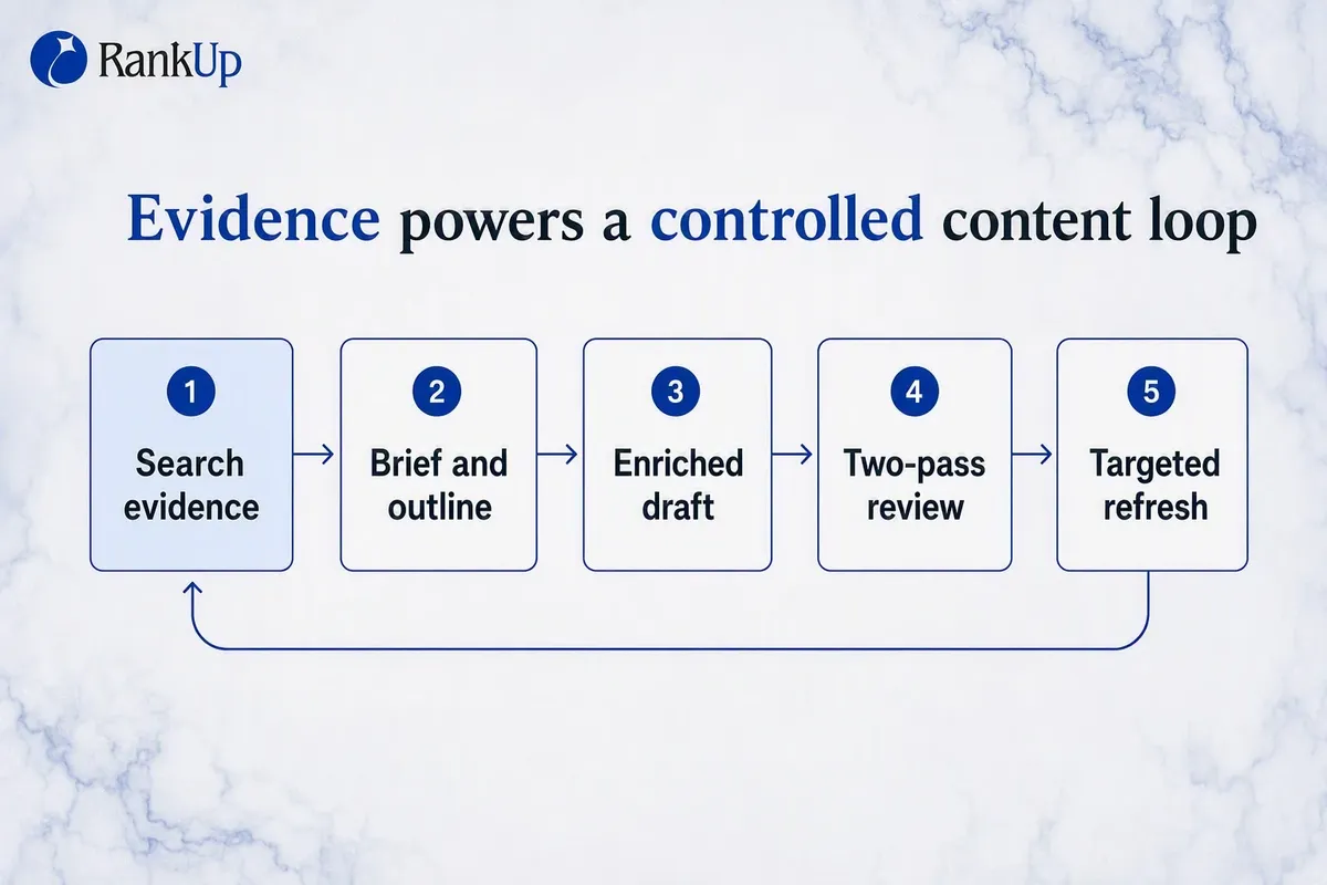 Connected content lifecycle: live search evidence feeds a brief and outline, then a draft enriched with expertise and visu...