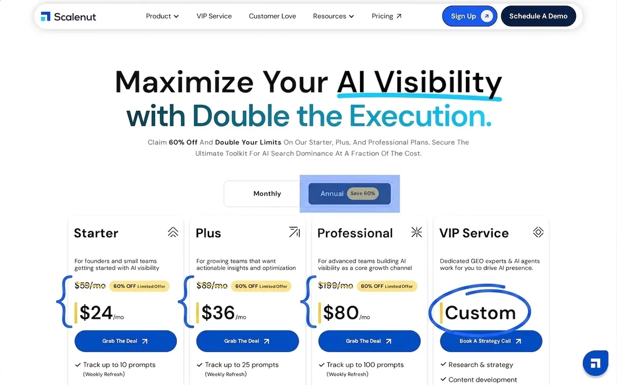Annotated Scalenut pricing page highlighting annual billing, the limited 60% offer, Starter at $59 or $24, Plus at $89 or $36, Professional at $199 or $80, and VIP custom pricing