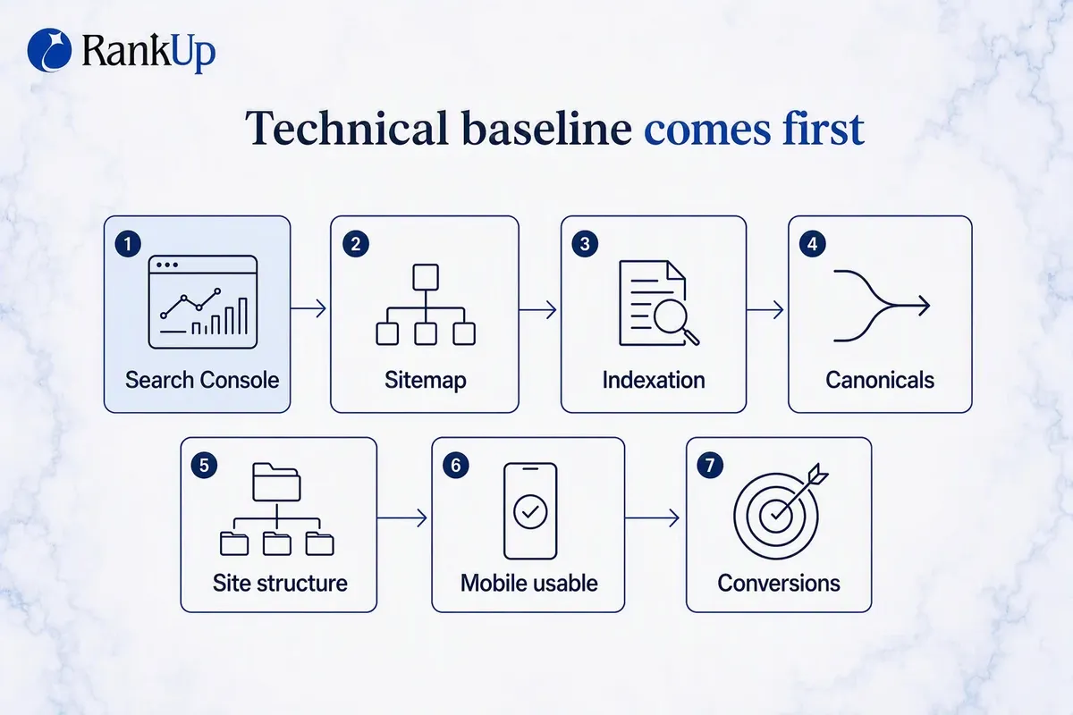 Minimum technical SEO baseline checklist: Search Console, sitemap, indexation, canonicals and redirects, site structure, m...