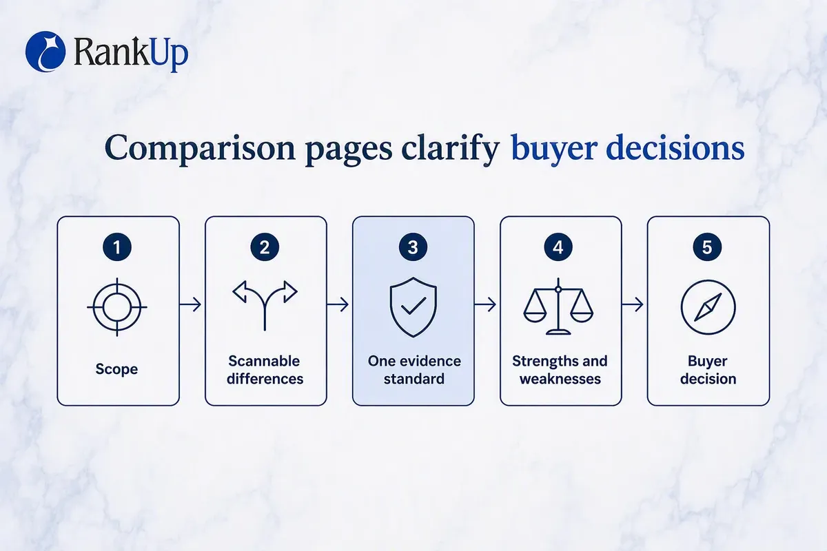 Five-stage build sequence for a comparison page covering scope, scannable differences, one evidence standard, strengths an...