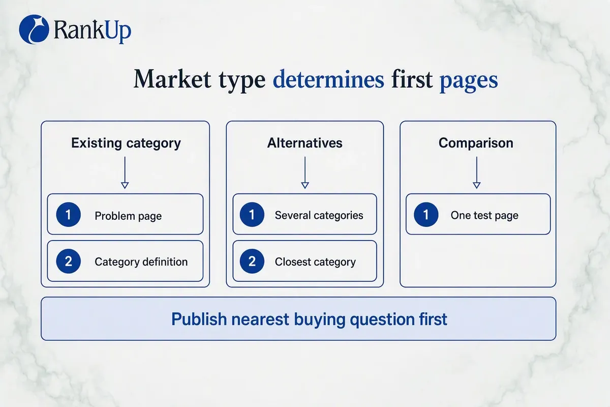 Three market situations mapped to first page types: existing category demand, emerging category demand, several plausible...