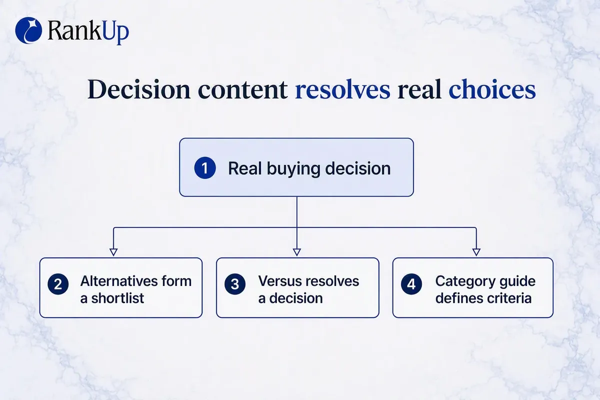 Dark-mode decision-content map with three branches: alternatives pages form a shortlist, head-to-head pages resolve a two-...