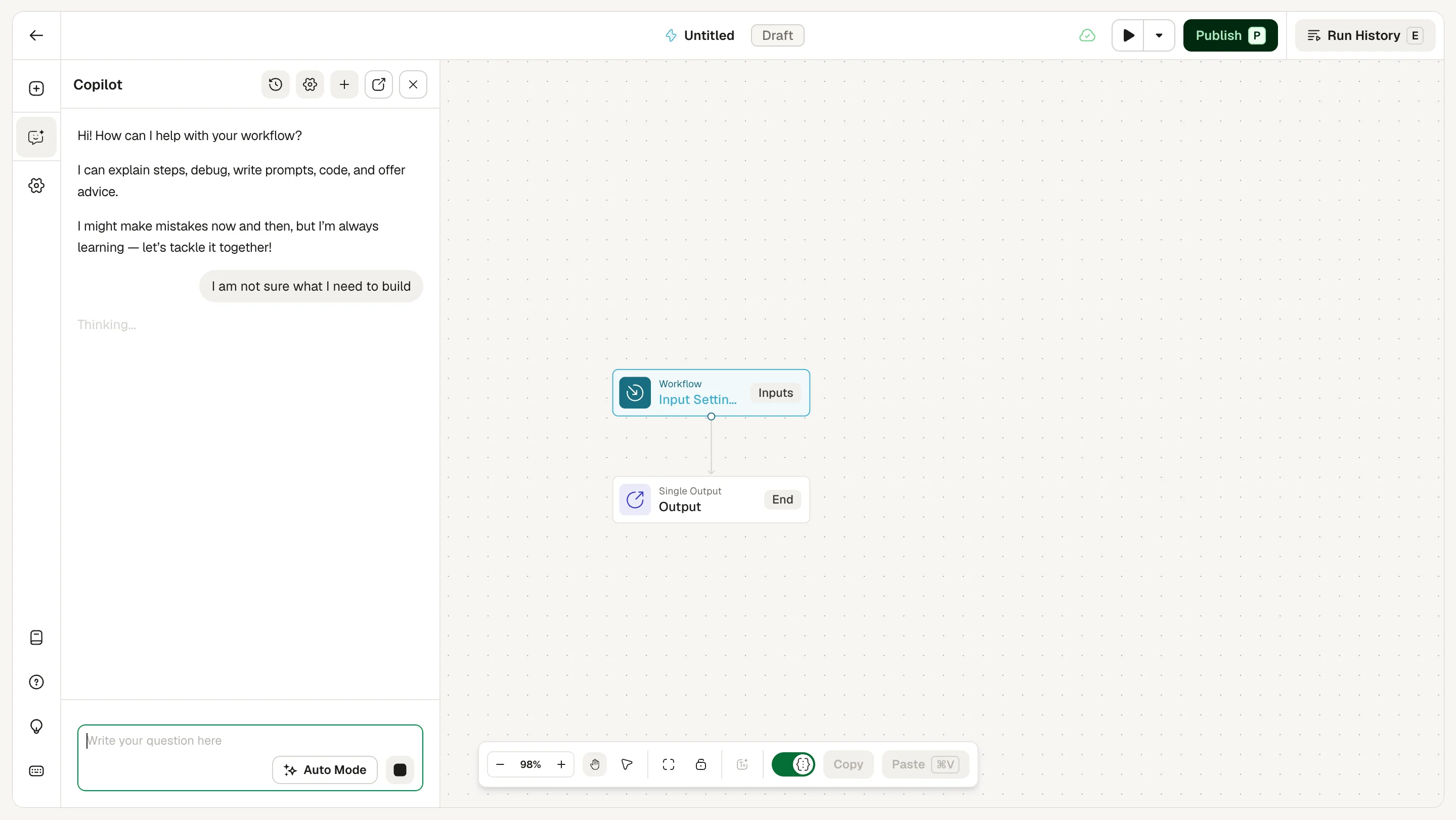 AirOps visual workflow builder canvas with Input Settings and Output nodes beside the Quill Copilot panel