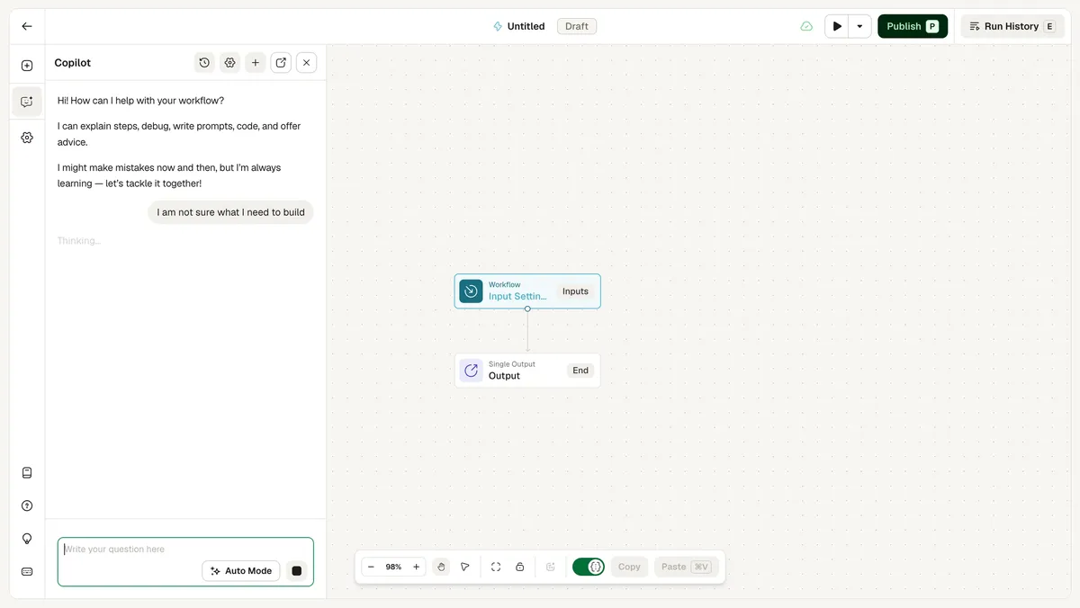 AirOps visual workflow builder canvas with Input Settings and Output nodes beside the Quill Copilot panel