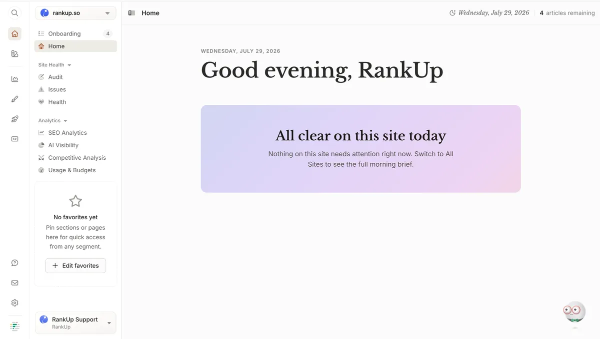 Frase home dashboard after workspace setup, showing site health, analytics, and workspace navigation