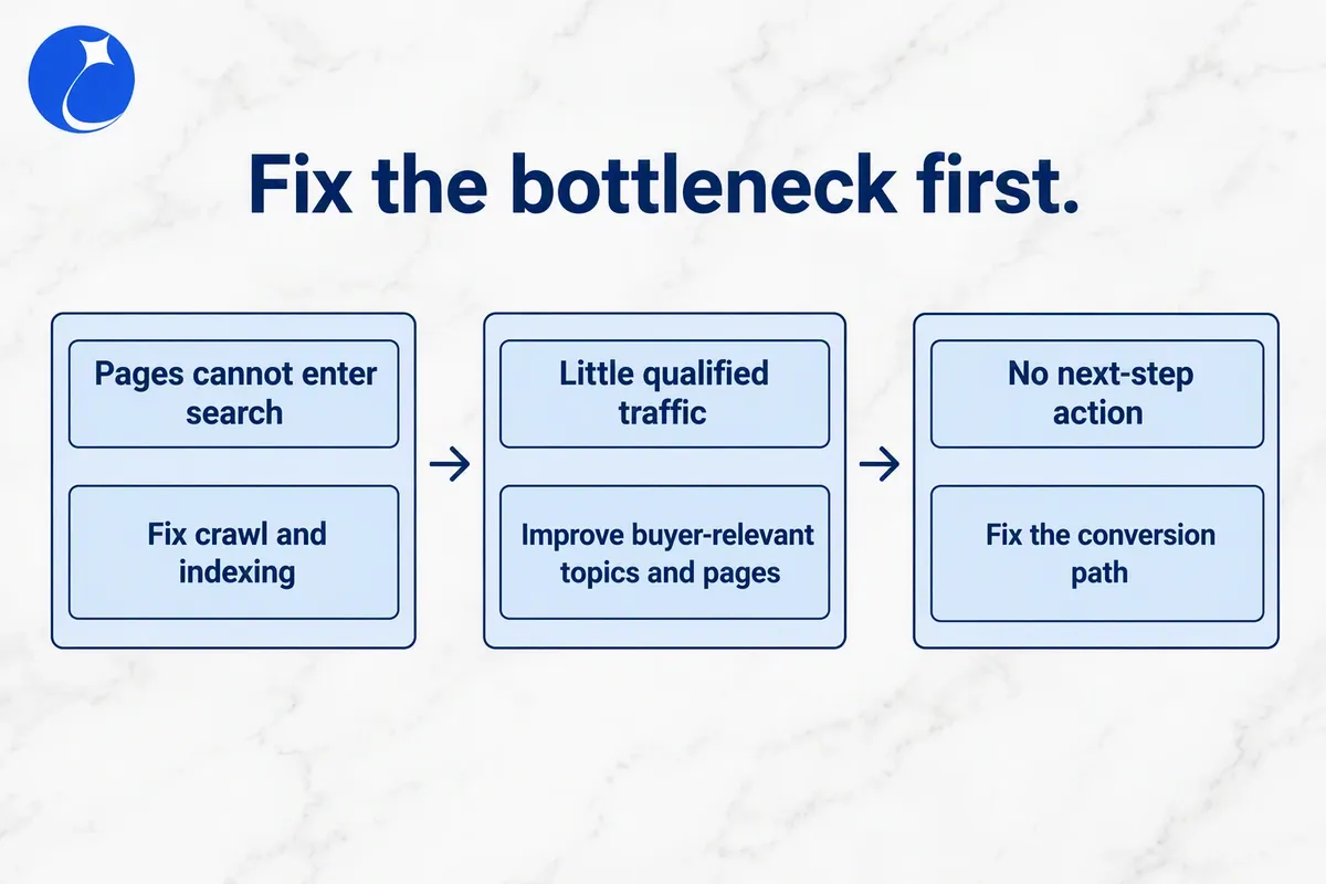 Bottleneck-first SEO finding prioritization diagram with fix-ticket fields and ordered execution.