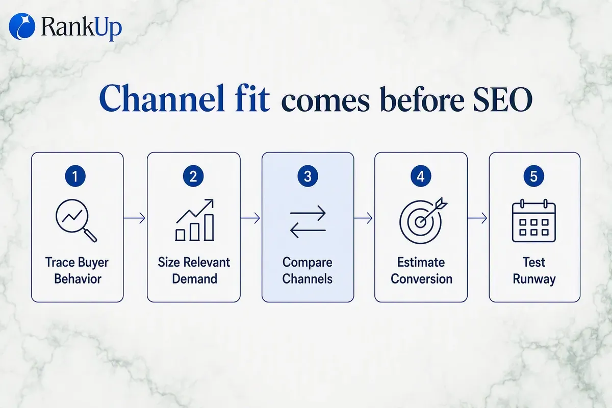 Five-step channel fit diagnostic flow ending in three outcomes: fund SEO, run a pilot, or deprioritize