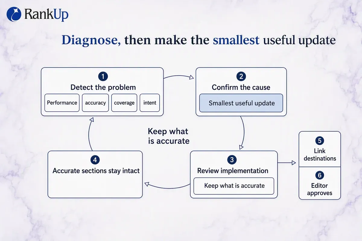 Targeted refresh loop: detect a performance, accuracy, coverage, or intent problem, confirm the cause, plan the smallest u...