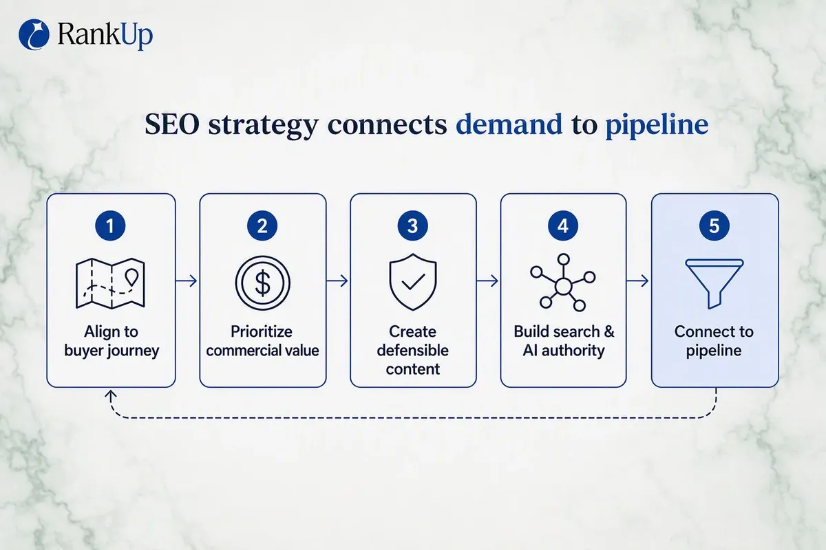 Five-stage SaaS SEO strategy framework connected in order: align with the buyer journey, prioritize commercial opportunity...