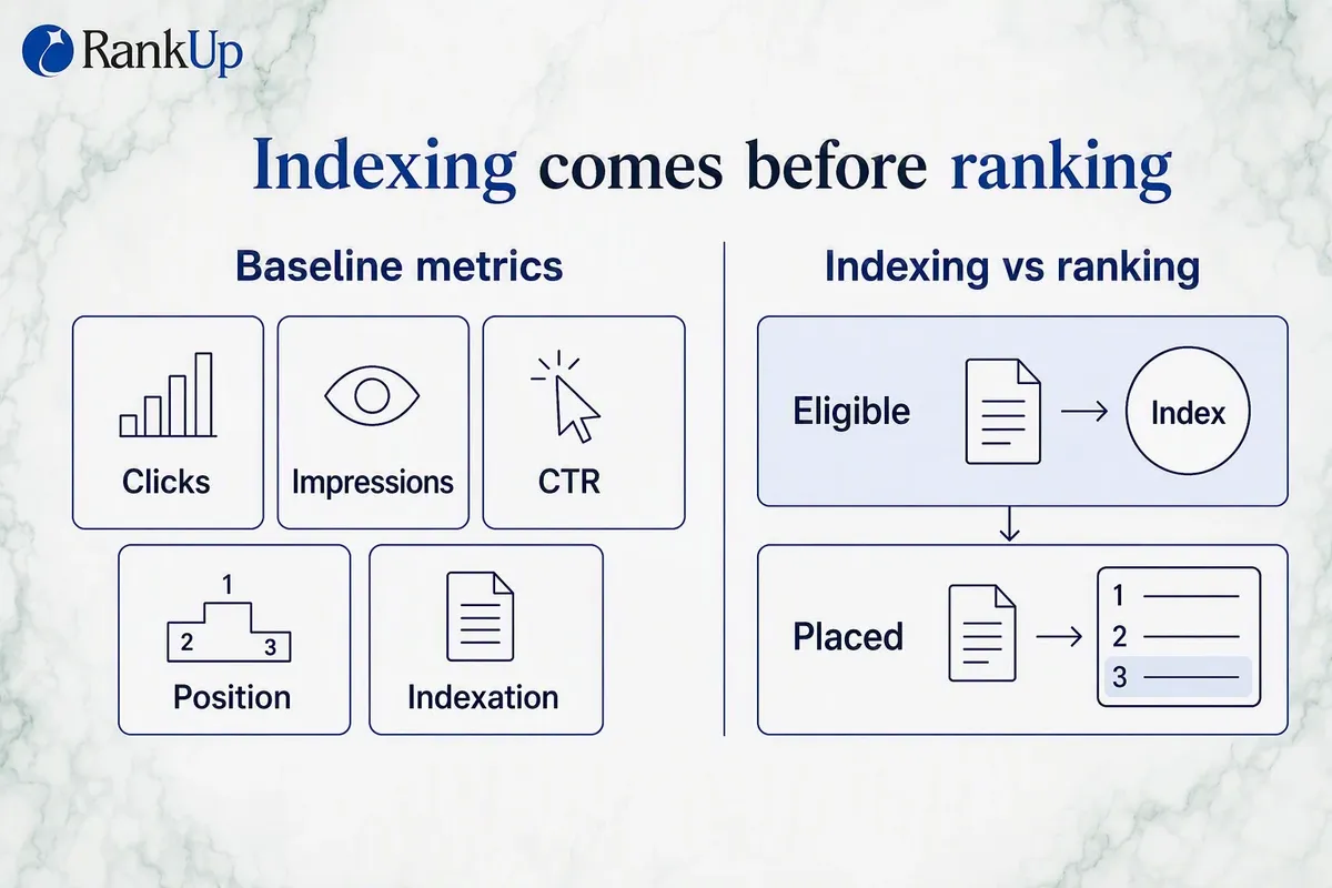 Infographic of the five Search Console baseline metrics with a side panel distinguishing indexing from ranking