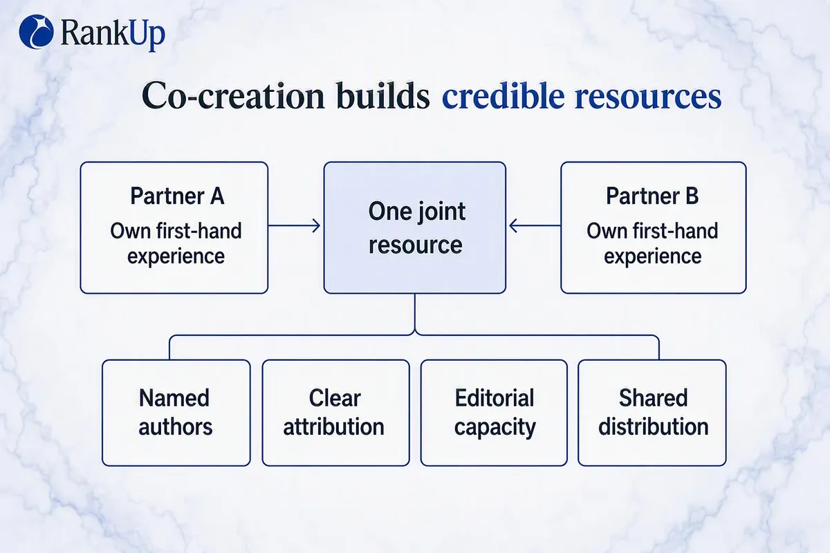 Co-creation model: two partner contributors each bring distinct first-hand expertise into one joint resource, supported by...