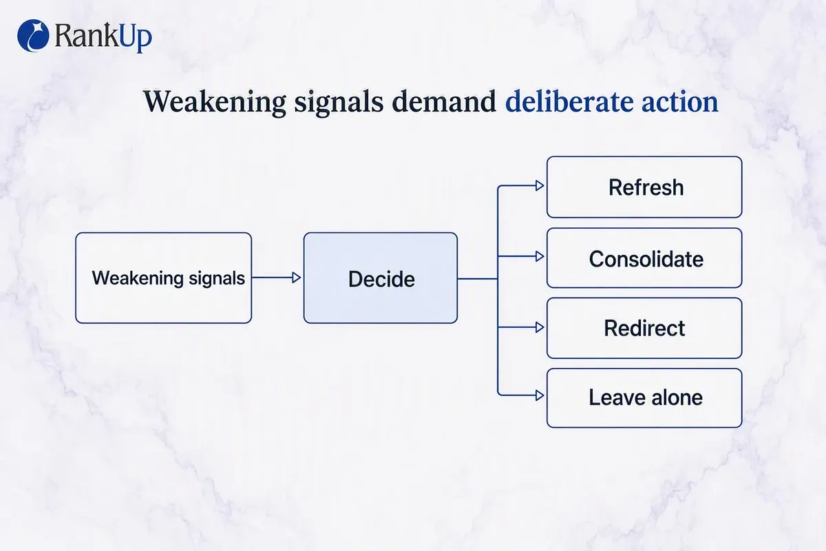 Decision fan showing weakening page signals entering a decision node with four outcomes — refresh, consolidate, redirect,...