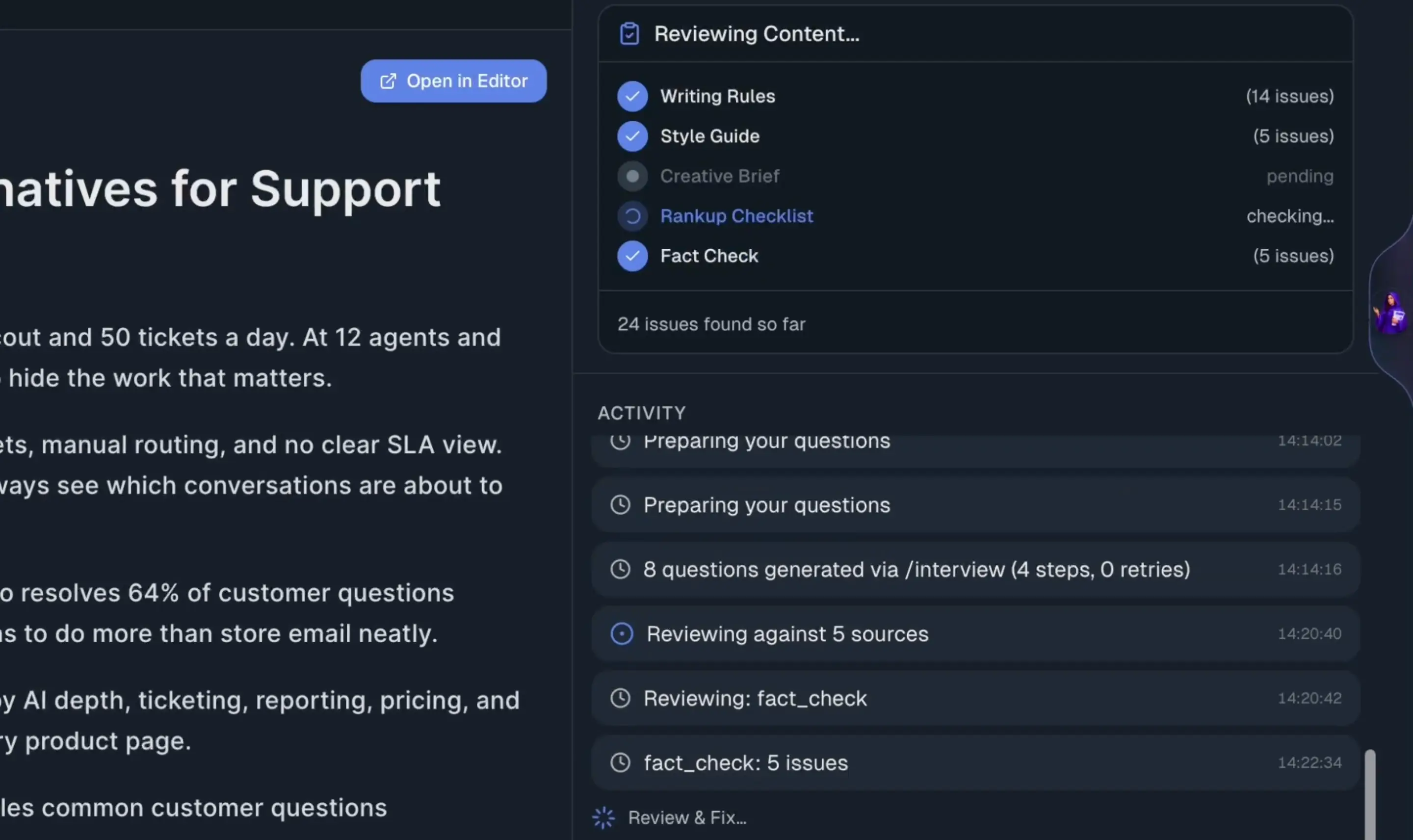 RankUp content review sidebar checking writing rules, style guidance, and factual accuracy