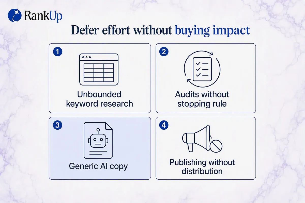 Four high-effort SEO traps to defer: unbounded keyword research, endless technical audits, generic AI copy, publishing wit...