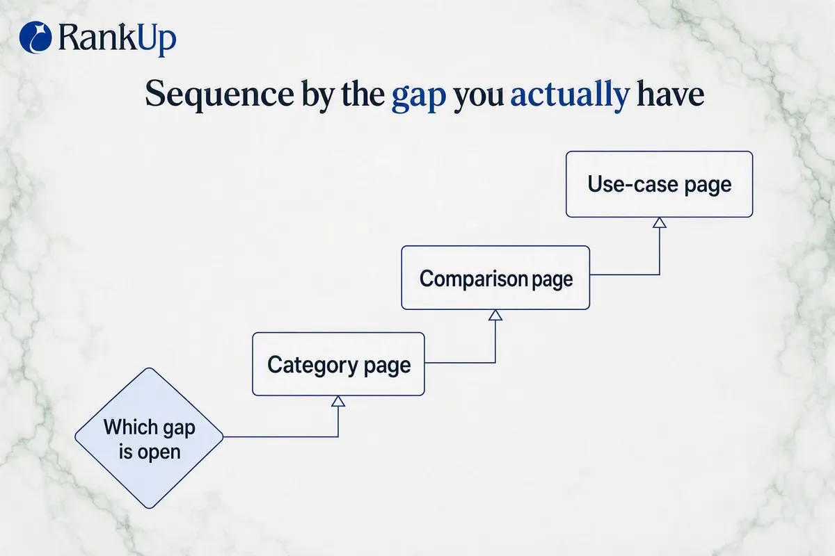 Ascending three-step priority ladder of category, comparison and use-case pages entered through a gate asking which covera...