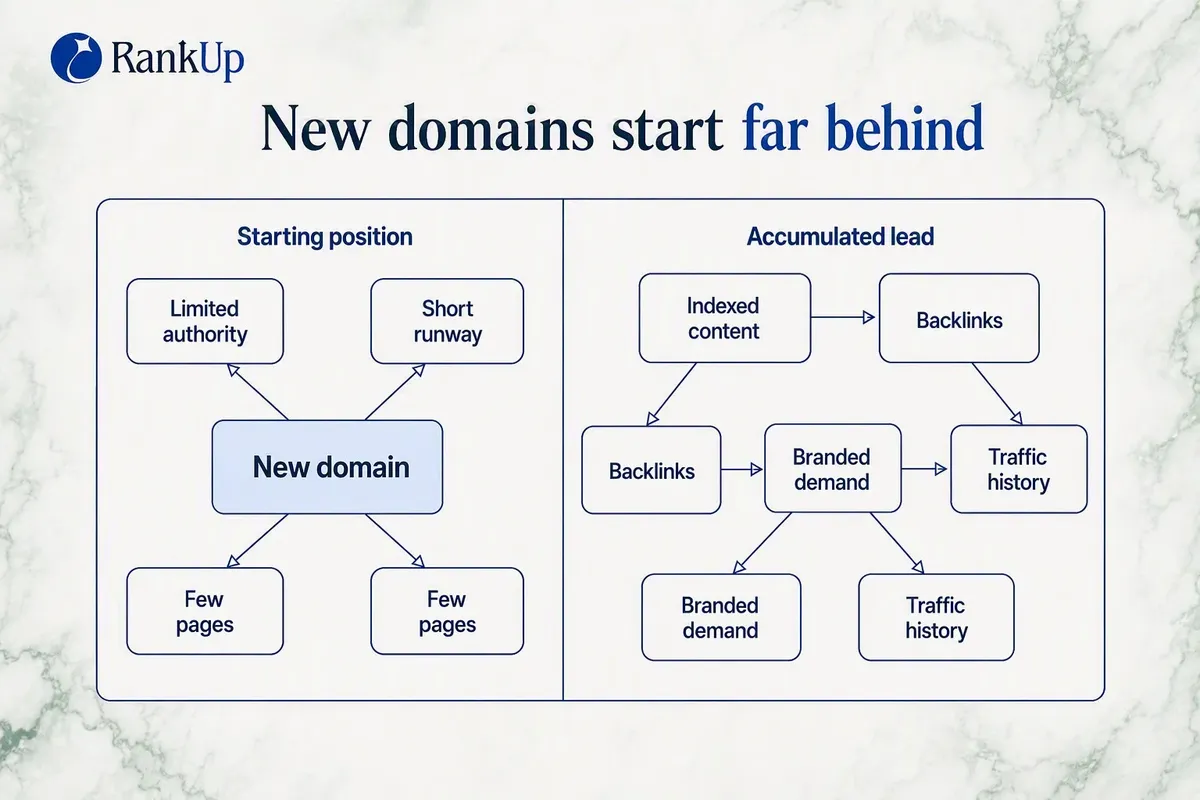 Dark-mode comparison diagram contrasting a new domain with limited authority, short runway and few pages against an establ...
