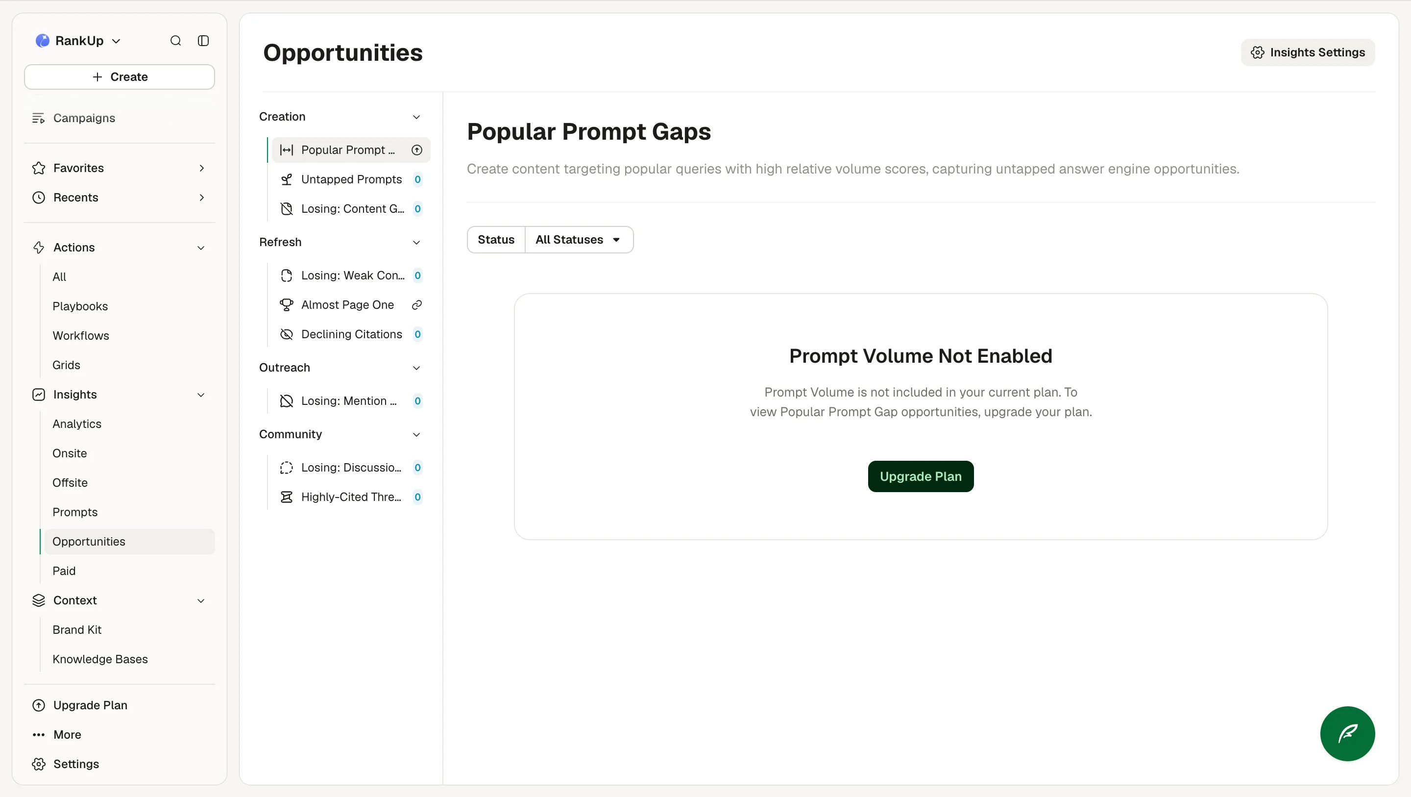 AirOps Opportunities view with Popular Prompt Gaps blocked by a Prompt Volume Not Enabled upgrade notice