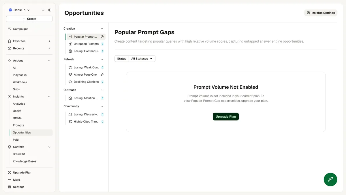 AirOps Opportunities view with Popular Prompt Gaps blocked by a Prompt Volume Not Enabled upgrade notice