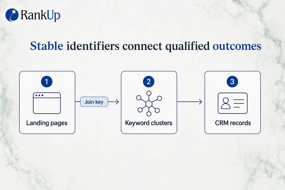 Three-stage join connecting search landing pages and clusters to CRM records and lifecycle reporting through a stable page...