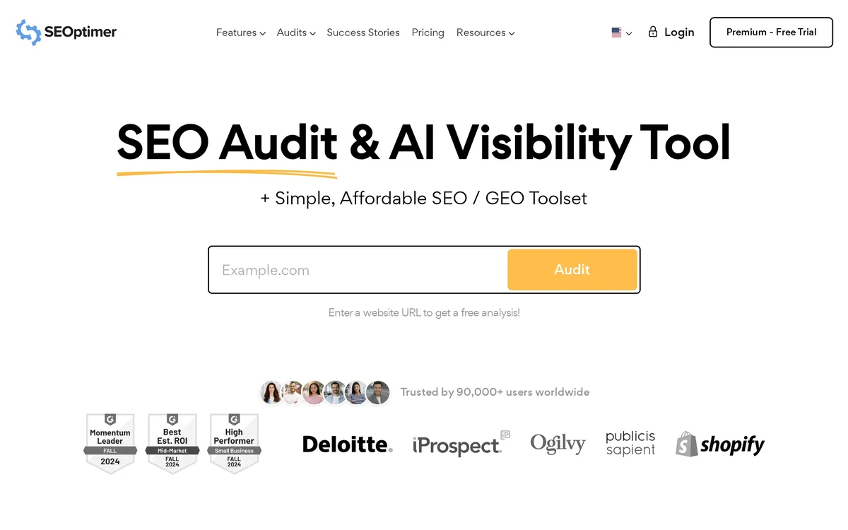 SEOptimer SEO Audit Tool interface for quick website checks and branded reports