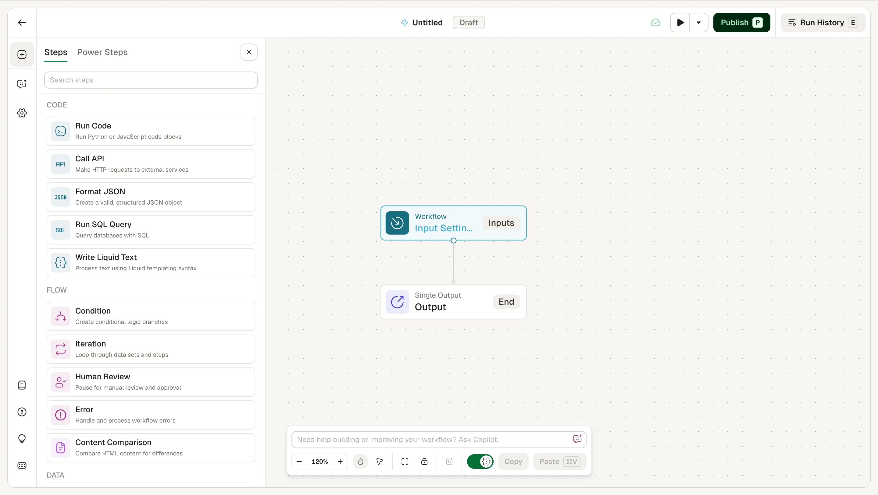 AirOps workflow builder sidebar showing Flow controls including Condition, Iteration, Human Review, and Error handling alongside Code and Data steps