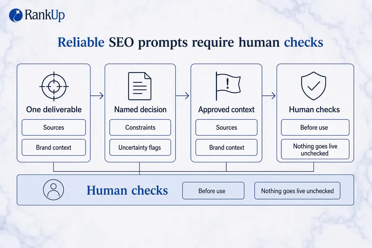 Four-stage overview of reliable AI prompting for SEO: one defined deliverable, approved sources and brand context, constra...