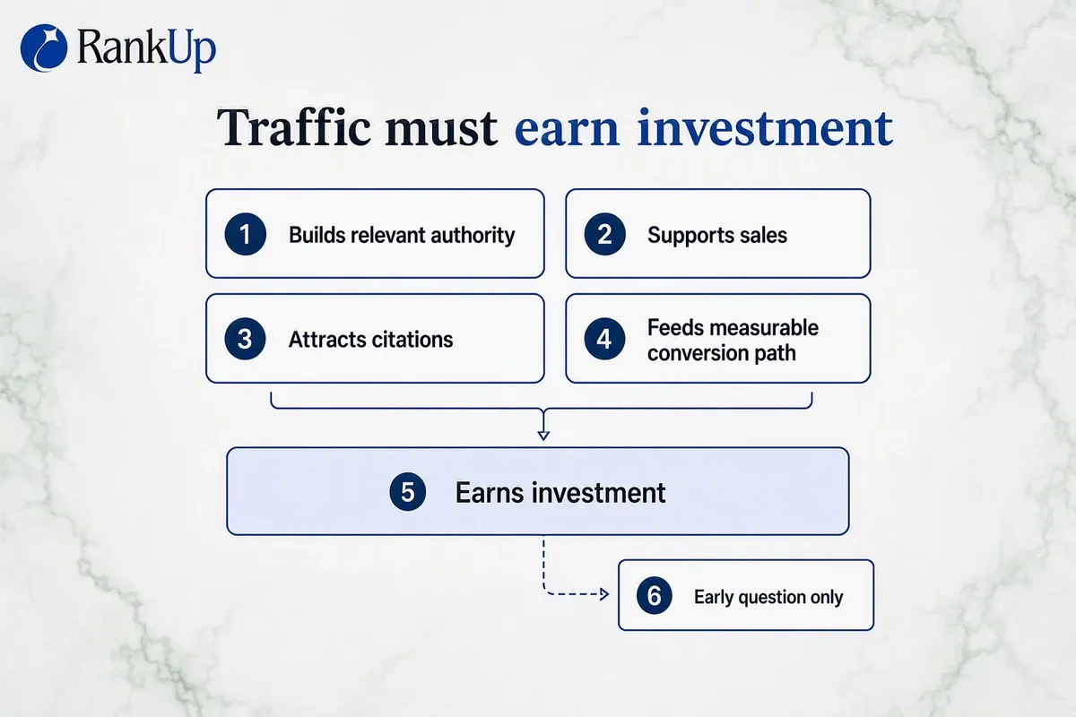 Decision gate showing the four conditions under which top-of-funnel content earns investment, plus the dimmed fall-through...