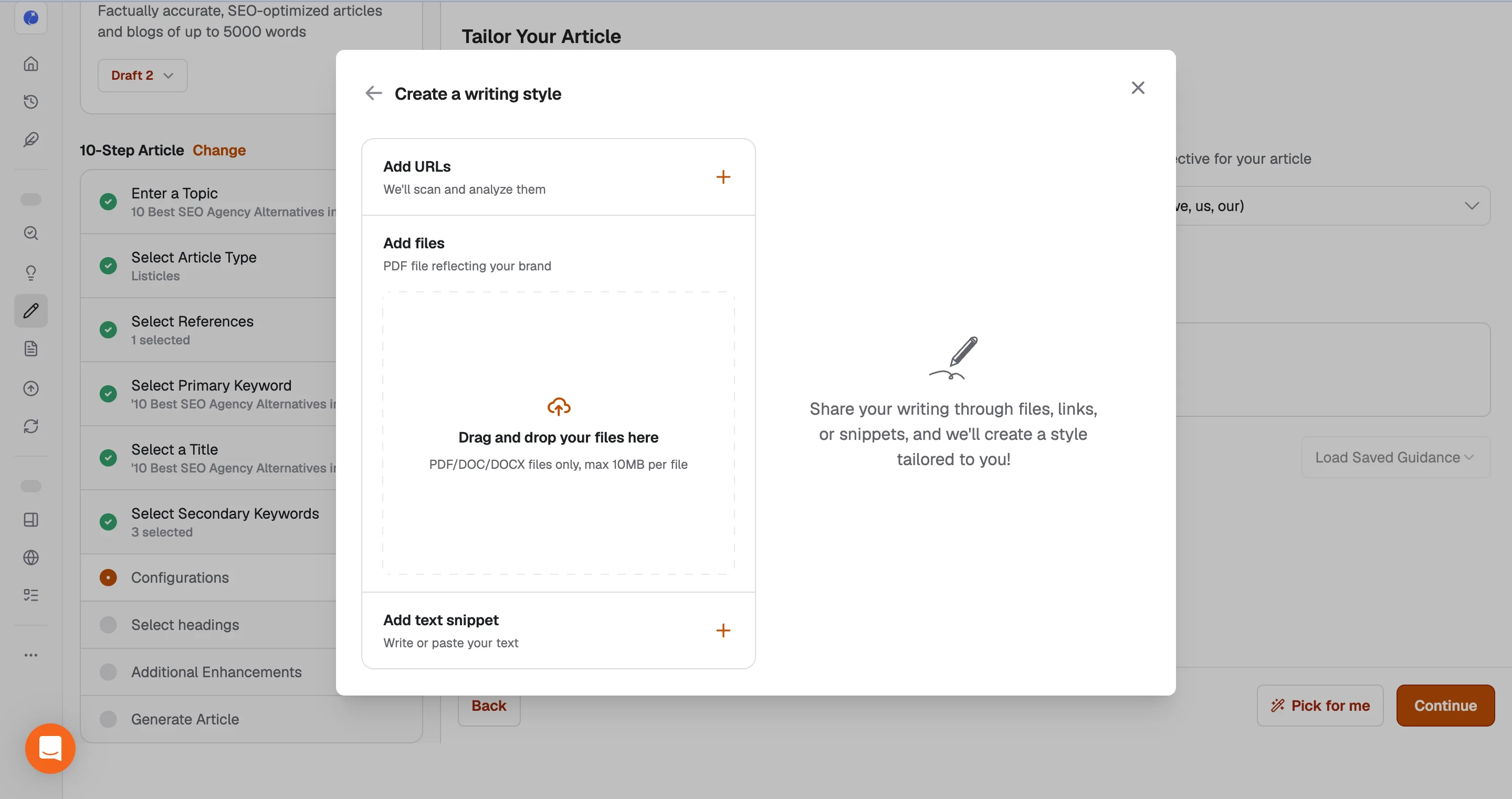 Writesonic writing-style setup with URL, file, and text input options