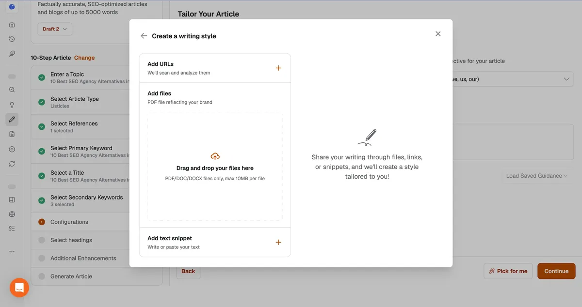 Writesonic writing-style setup with URL, file, and text input options