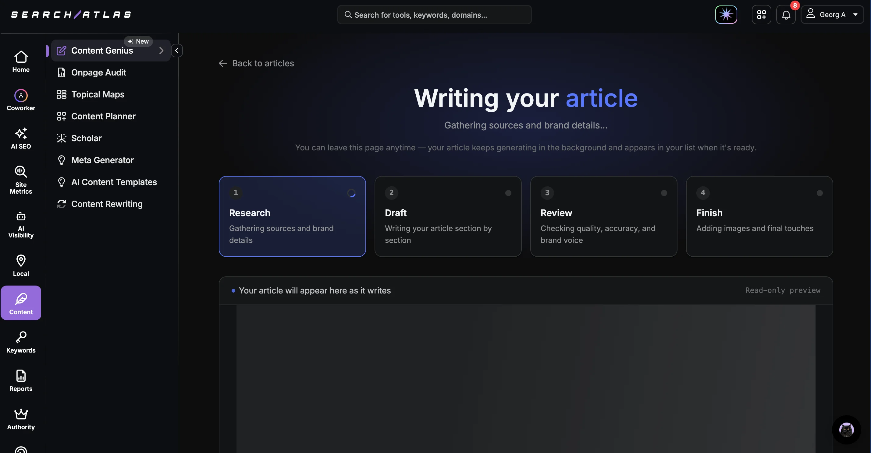 Search Atlas Content Genius generation screen with Research, Draft, Review, and Finish stages
