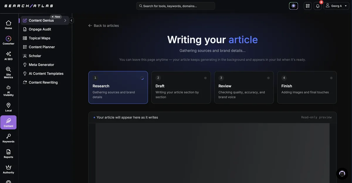 Search Atlas Content Genius generation screen with Research, Draft, Review, and Finish stages