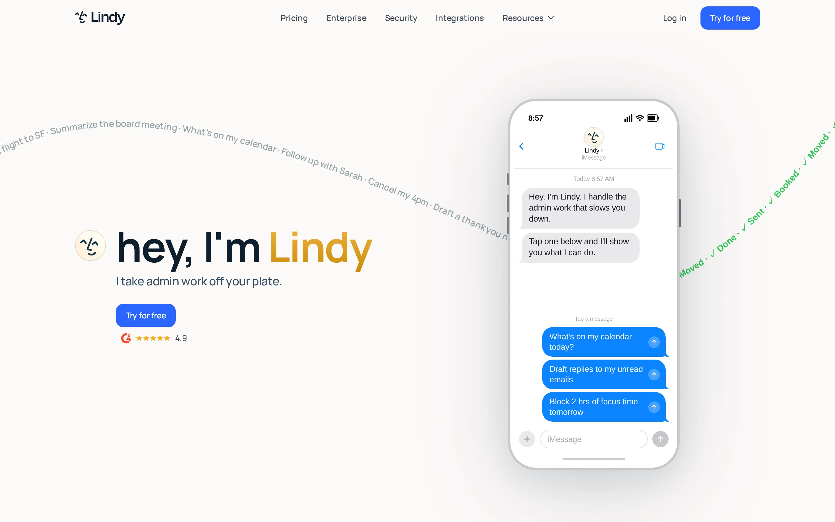Lindy homepage showing its AI assistant workflow for business tasks