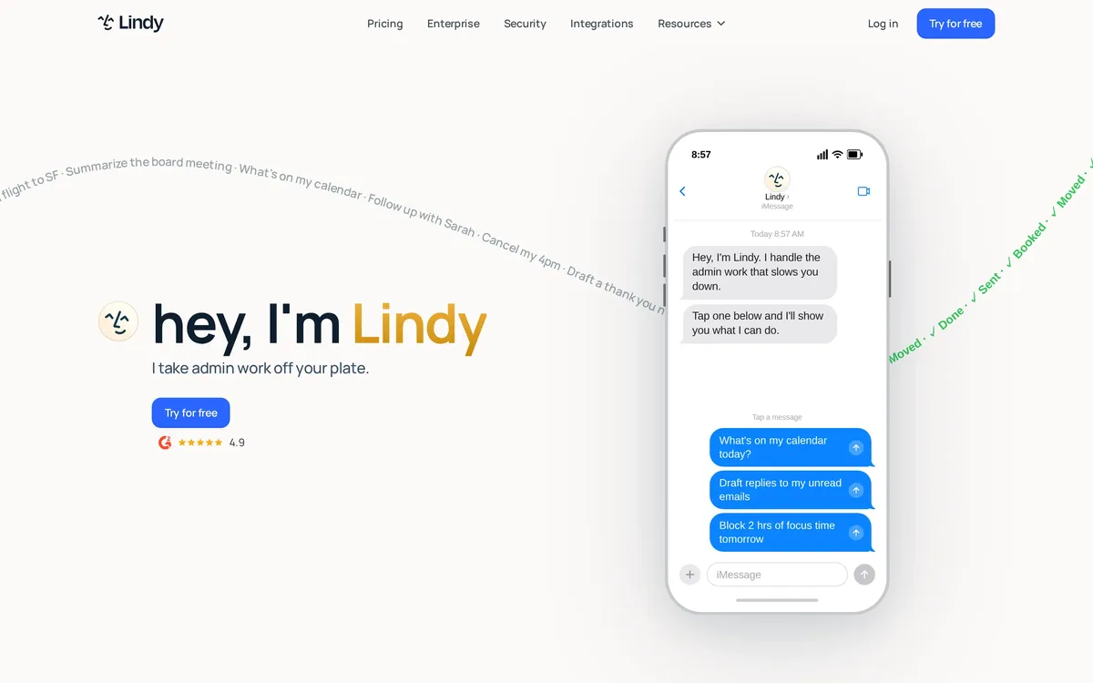 Lindy homepage showing its AI assistant workflow for business tasks