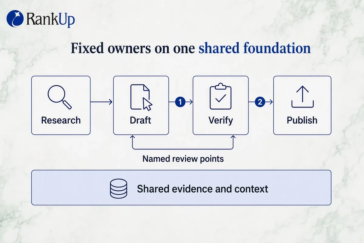 Operating model showing fixed owners across the content workflow with shared evidence beneath and named review points alon...