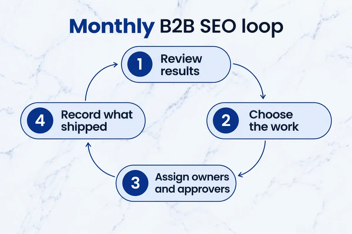Monthly B2B SEO operating loop with four decisions and five performance triggers, including leaving growing pages alone