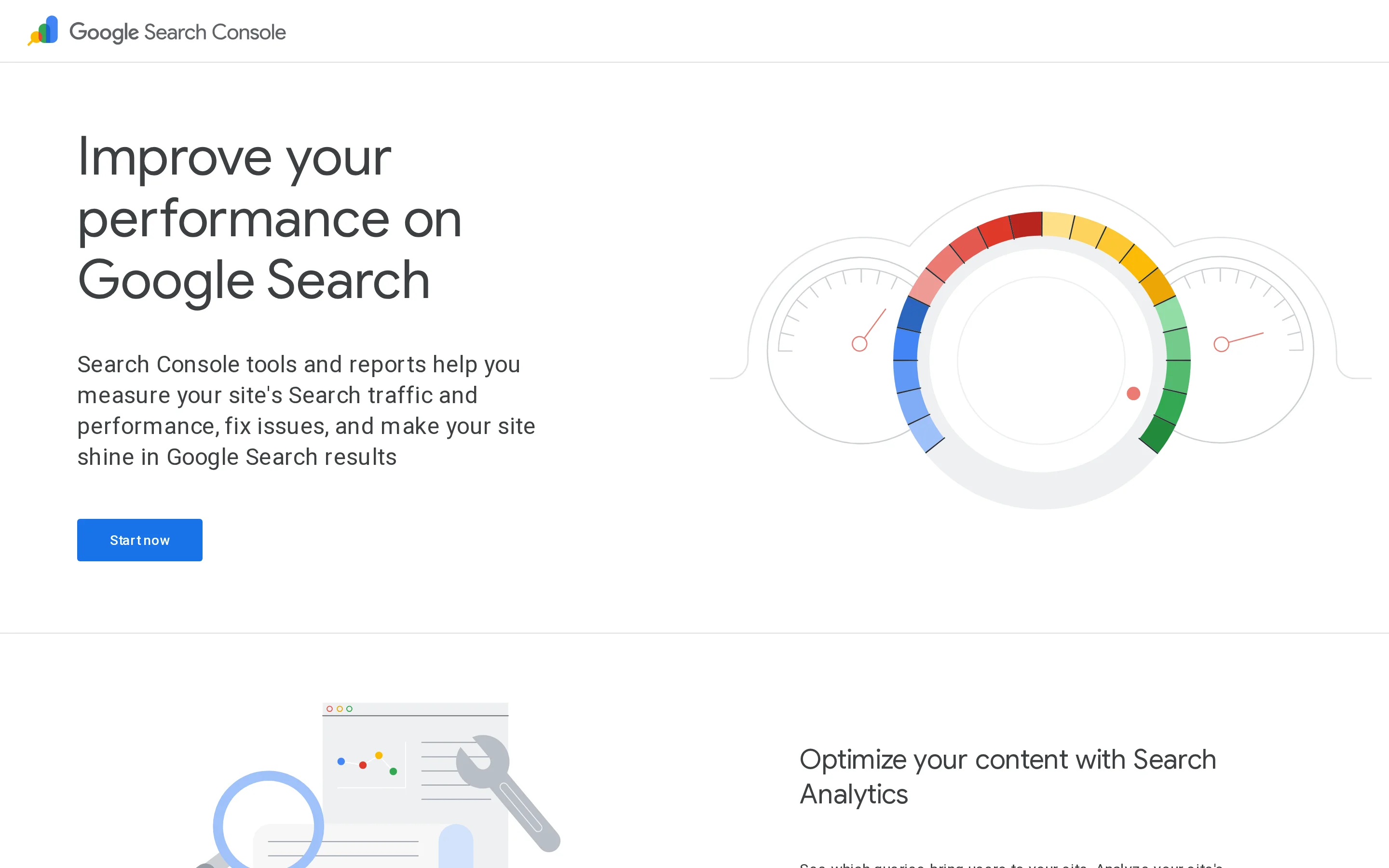 Google Search Console landing page hero introducing tools for improving Google Search performance