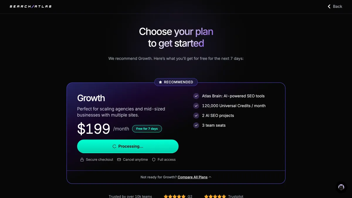 Search Atlas Growth plan showing universal credits, AI SEO projects, team seats, and trial access