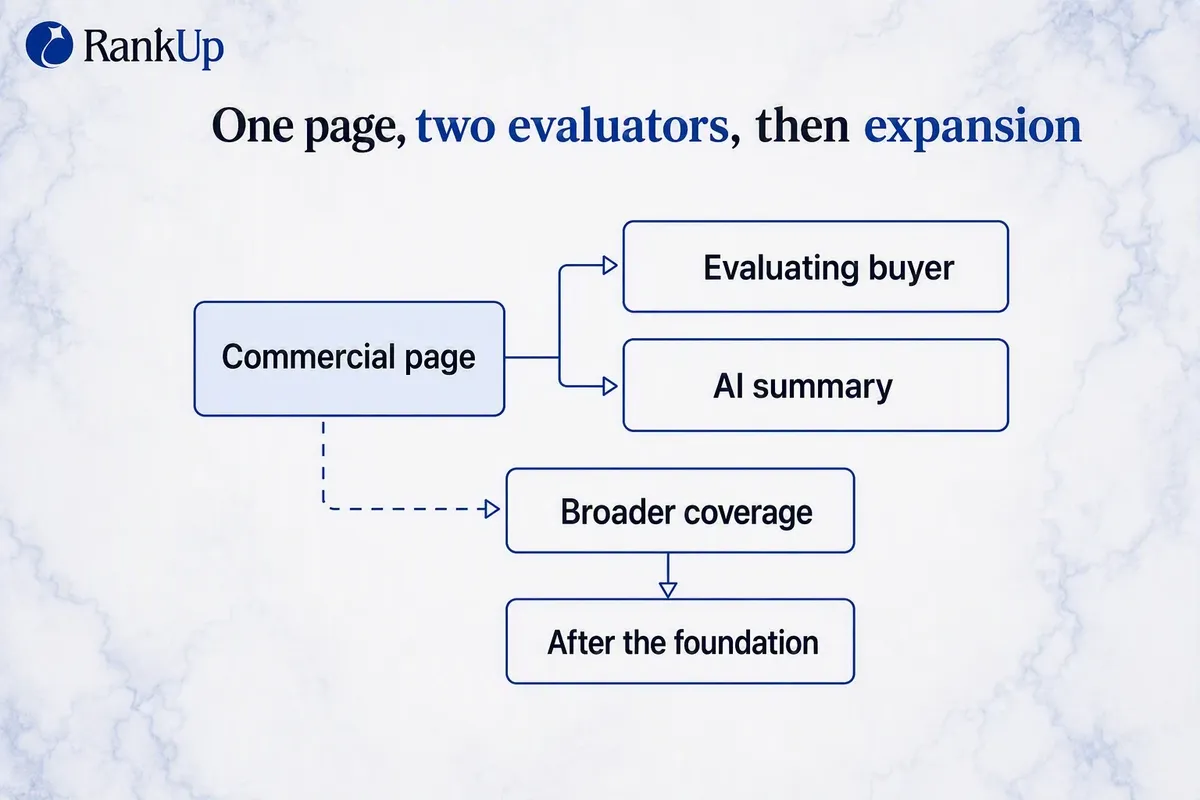 One commercial page feeding both an evaluating buyer and an AI summary, with broader coverage attached as a dimmed seconda...