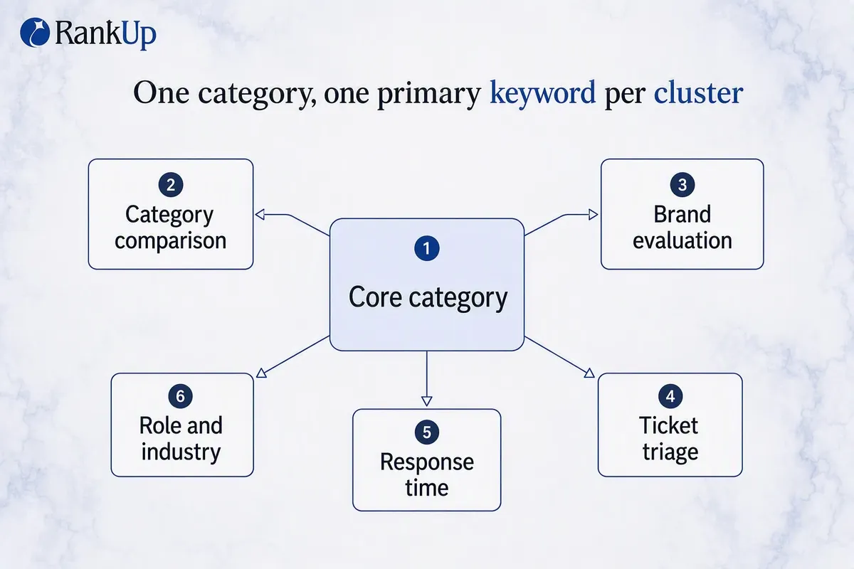 Hub-and-spoke keyword map with one core category at the centre expanding into commercial and job-based clusters, each hold...