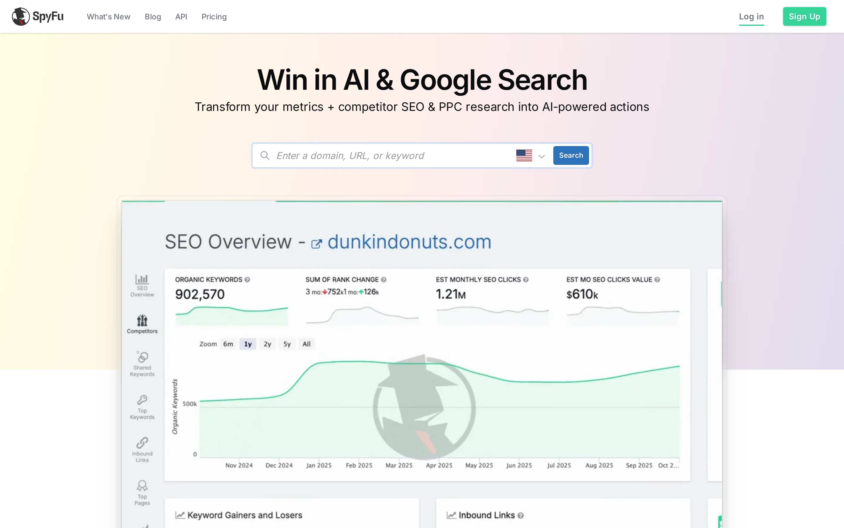 SpyFu homepage showing its competitor keyword research and PPC/SEO intelligence tools SpyFu homepage showing its competitor keyword research and PPC/SEO intelligence tools