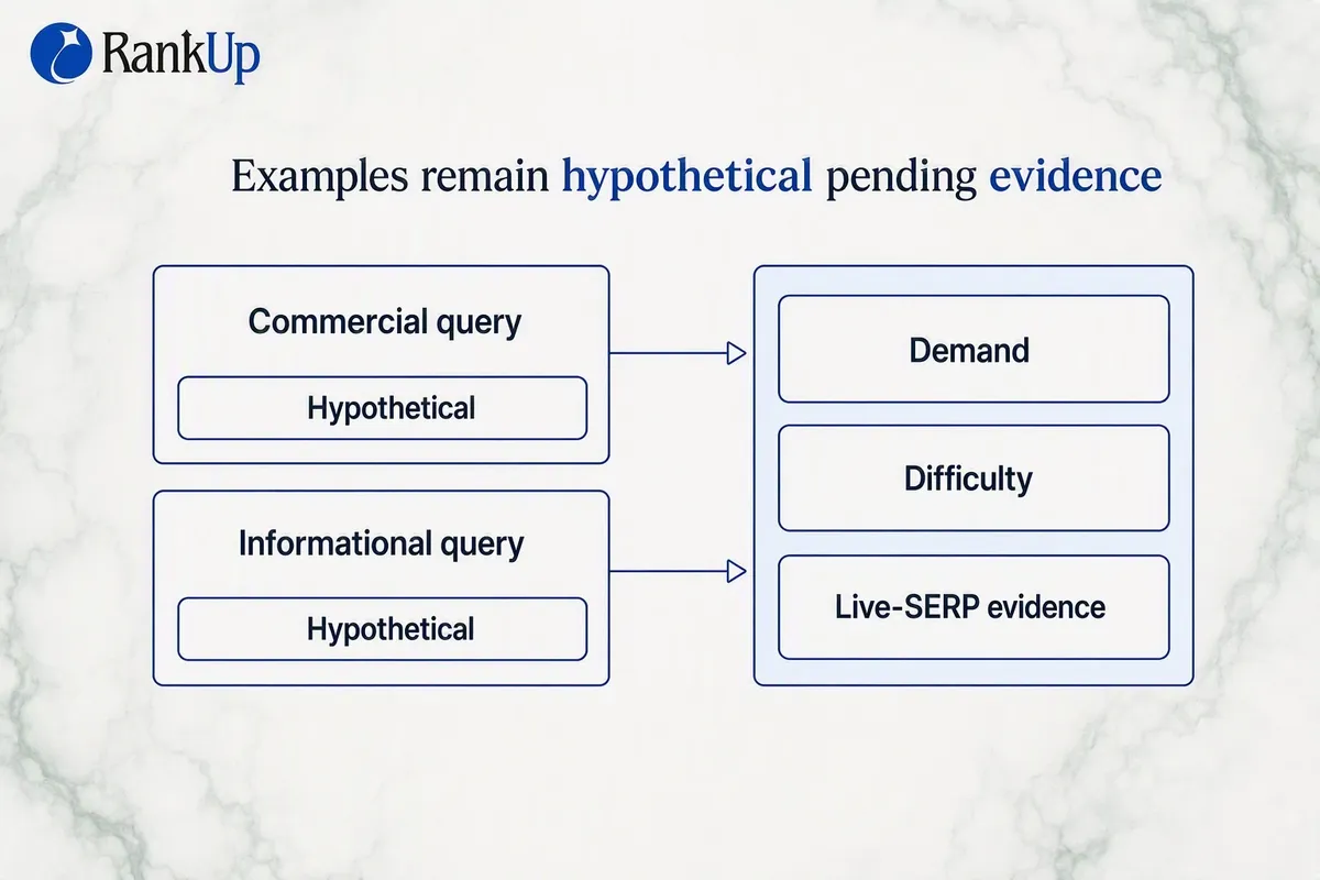Two provisional keyword map rows, one commercial and one informational, both tagged hypothetical pending live SERP review