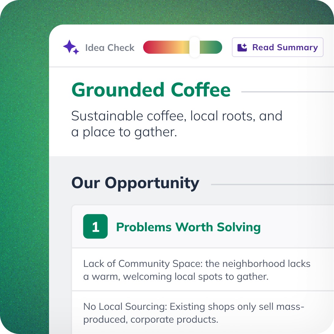 LivePlan Idea Check summarizing a coffee shop opportunity and the problems it solves