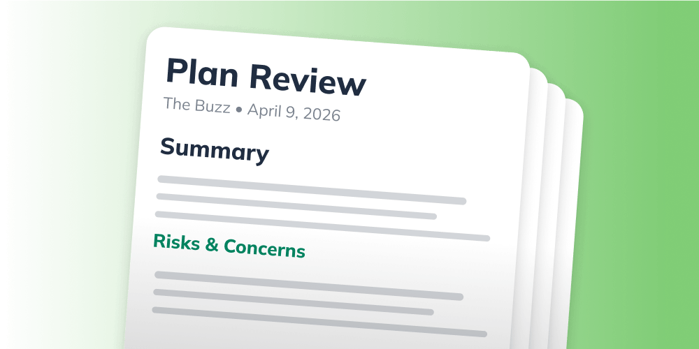 A document titled "Plan Review" with sections labeled "Summary" and "Risks & Concerns" dated April 9, 2026, on a green background.